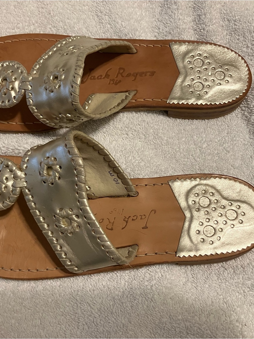 Jack Rogers Silver Leather Slide Sandals with Signature Rondelle